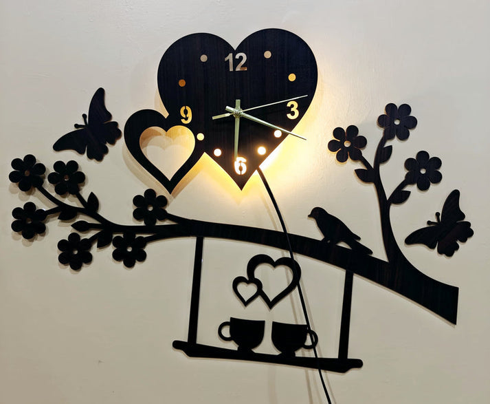 Hearts And Flowers Wooden Wall Clock With Light A33